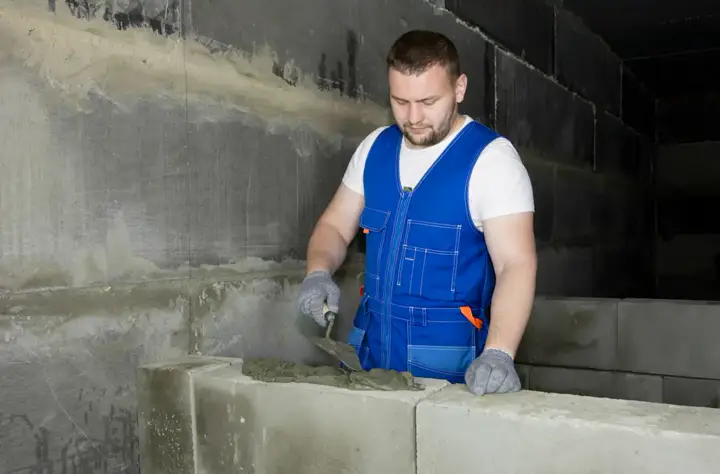 Murarz stawia ściany z bloczków
